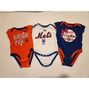 Three MLB New York Mets Short Sleeve Baby Bodysuits, Size 3-6 Months